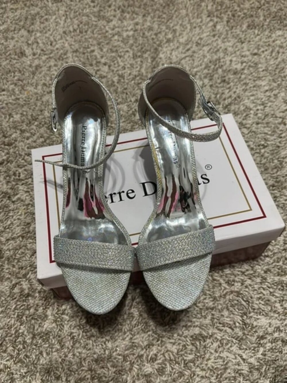 Pierre Dumas Glitter Ankle-Strap Heels in Silver